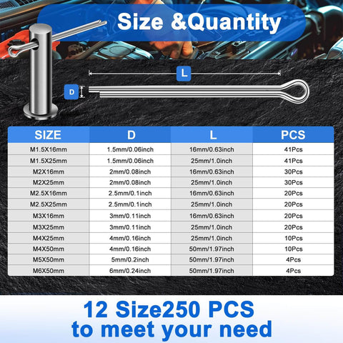 12 sizes chart of 250 Piece Cotter Pin Assortment Kit 12 Sizes 304 Stainless Steel Hardware Pins For Trailer Truck Tractor Automotive Hitch And Locking Systems Ready To Roll Heavy Duty Corrosion Resistant Rust Proof Smooth Burr Free Finish