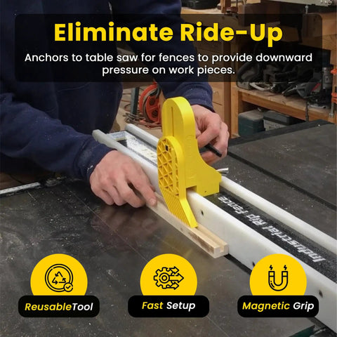 Vertical Featherboard Pro Table Saw Safety Attachment For Woodworking Shops in use, demonstrating magnetic grip on fence