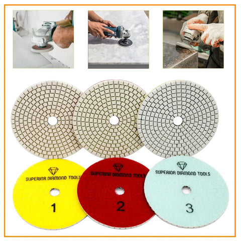 Pro Grade 3 Step Diamond Polishing Pads for wet or dry use, 4 inch white resin hook and loop backing, 3 pads for granite and marble