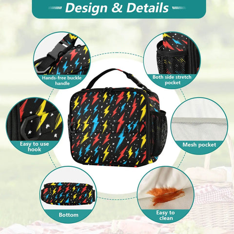 Colorful Lightning Bolt Insulated Lunch Bag For Kids And Adults With Shoulder Straps, Portable Cooler For School Office Travel And On The Go Meal Prep. Front view with side mesh pockets