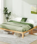 Heavy Duty King Size Wood Platform Bed Frame With Bulletproof Rubber Wood Construction And Slick Natural Finish Offering Straight Up Rock Solid Poplar Slats Support No Box Spring Needed in a modern bedroom setup.