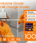 Side view of hands wearing orange nitrile gloves using a metal tool; 8 mil, diamond-textured grip, box of 100