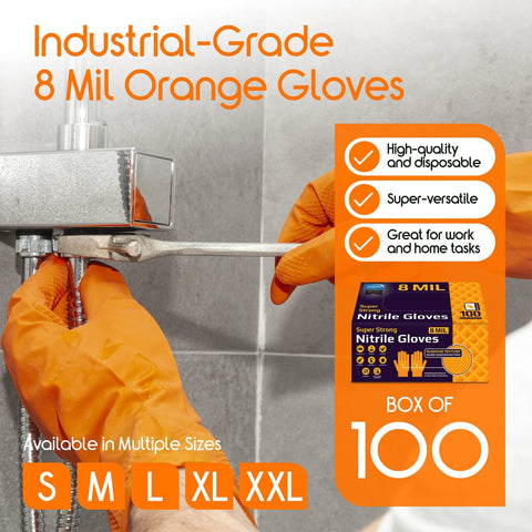 Side view of hands wearing orange nitrile gloves using a metal tool; 8 mil, diamond-textured grip, box of 100