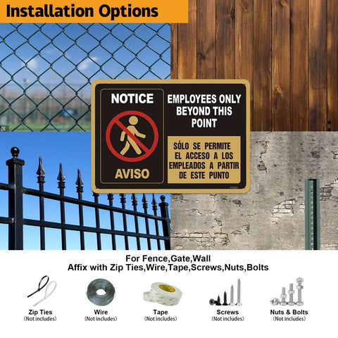 Employees Only Beyond This Point Sign Bilingual Aluminum 10 x 7 Inches Do Not Enter Restricted Area Door Sign No Customers Allowed on Gate