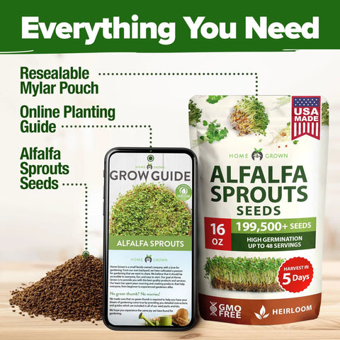 Non Gmo Alfalfa Sprout Seeds 16oz Bulk Pack With Thousands Of Seeds For Sprouting And Microgreens Easy To Grow Indoors Or Outdoors In A Resealable Bag With High Germination For Fresh Healthy Greens, packaging and guide pictured