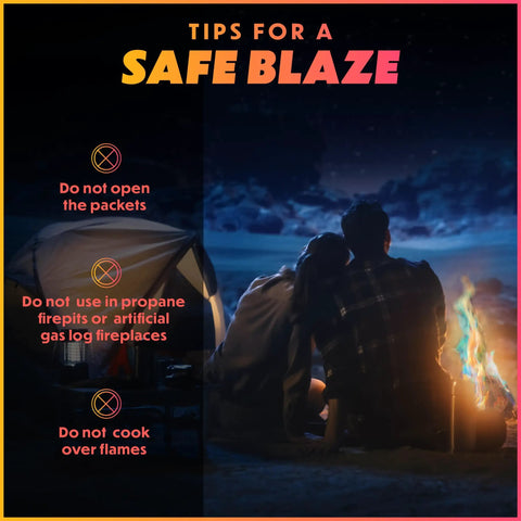 Couple sitting by fire with Vibrant Multi Color Fire Packets 25 Pack For Fire Pits Campfires Bonfires And Fireplaces Instant Color Flames.