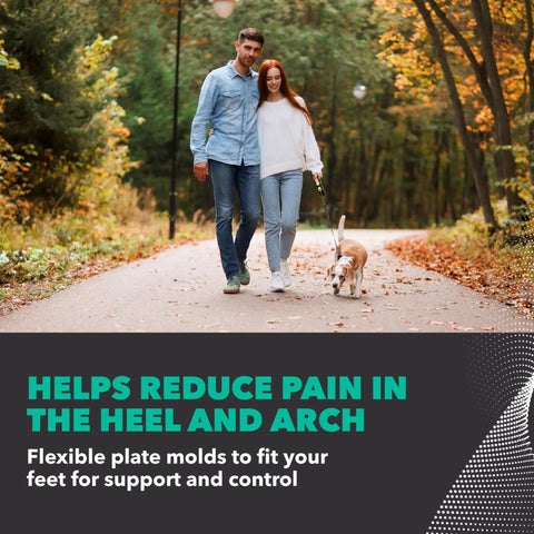 Couple walking with a dog in a park promoting Custom Moldable Arch Support Inserts For All Day Comfy Wear With Lightweight Orthotic Design SpenCore Shock Absorption 4 Way Stretch Fabric Odor Control And Stable Fit For Most Shoes.