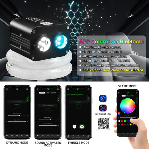 Dual Color Twinkle Fiber Optic Star Headliner Kit For Cars, app and remote controls displayed, demonstrating dynamic modes