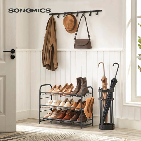 Sturdy 3 Tier Shoe Organizer Rack For Closet And Entryway, Holds Up To 12 Pairs, Metal Shoe Shelf With Adjustable Tilt Angle, Black