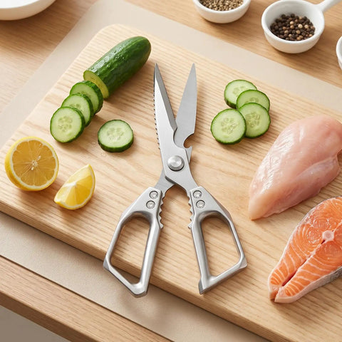 Heavy Duty Kitchen Scissors Stainless Steel Razor Sharp 2.0mm Japanese Stainless Steel Blades For Poultry Bones Herbs And Tough Cuts, Mirror Polished Durability, A Real Workhorse For Everyday Kitchen Tasks, stainless steel kitchen scissors on cutting board with cucumber and fish