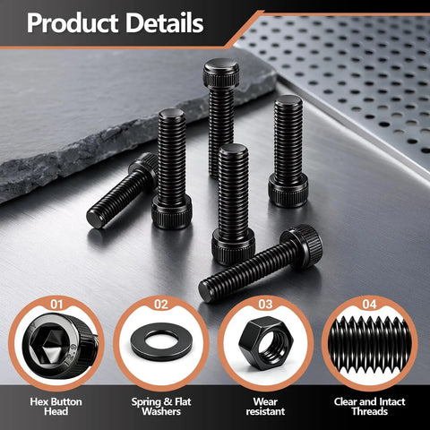 Hex Socket Head Screws Kit For M3 And M4 Metrics, Your Go To 220 Piece Machine Screws Assortment, Built For Quick Fixes In 3D Printing, Electronics, RC Projects, And DIY, Precise Fits For Printer Frames. Black hex button head screws, washers, and nuts