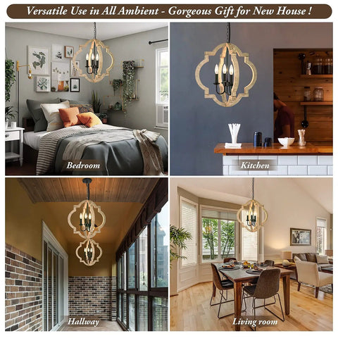 Cozy Farmhouse Orb Chandelier Four Light Rustic Pendant Ceiling Lights With Adjustable Wood Frame And Black Metal Sockets.