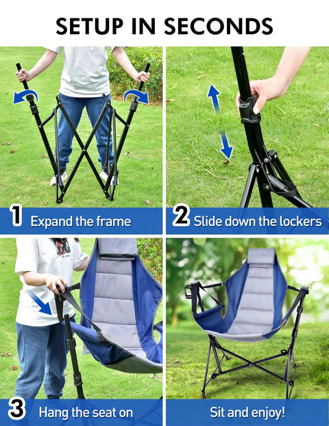 Setup steps for Hammock Camping Chair With 3 Height Settings And Headrest Portable Adjustable Backrest Padded Seat Cup Holder