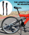 Universal Bike Stand With Kickstand For Adult And Kids Bikes Built To Last Easy Repair Adjustable Rear Side Aluminum Alloy Stand That Fits Mountain Road City And Commuter Bikes Stable And Garage Ready For Action next to red bike