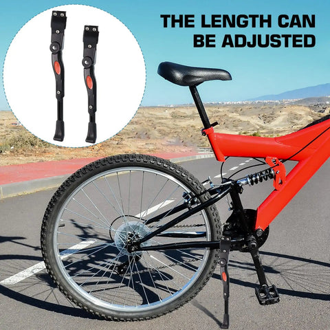 Universal Bike Stand With Kickstand For Adult And Kids Bikes Built To Last Easy Repair Adjustable Rear Side Aluminum Alloy Stand That Fits Mountain Road City And Commuter Bikes Stable And Garage Ready For Action next to red bike