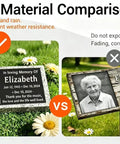 Material comparison of weatherproof custom memorial plaques in black granite with marble base vs non-weatherproof options.