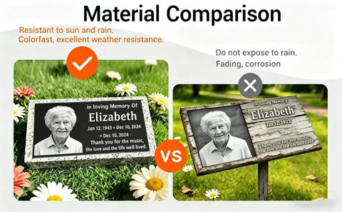 Material comparison of weatherproof custom memorial plaques in black granite with marble base vs non-weatherproof options.