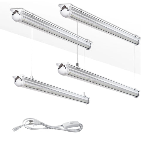 4 Pack 8 Foot LED Shop Lights Set With 100W Output 15000 Lumens 6000K Cool White Linkable Plug And Play Hanging Or Surface Mount