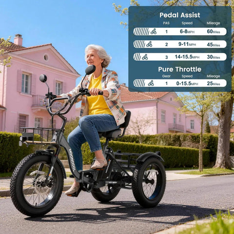 Electric Tricycle For Adults With Fat 4 Inch Tires Foldable Aluminum Frame 400 Pound Capacity Large Rear Basket 500W Motor Compact Folded Size 40X42X29 Hauling Groceries And Weekend Cruising, woman riding black fat-tire trike on a neighborhood street