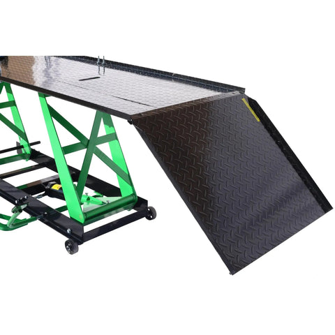 Heavy Duty Hydraulic Motorcycle Lift With A Badass 1000 Lb Load Rating And Smooth Cranking Hoist Jack Stand For Garage Repairs Plus Adjustable Mobile Ramp In Bright Green