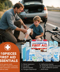 Adult assisting child with first aid kit by roadside; 110-piece essential set with gauze, antiseptic wipes, and adhesive plasters.