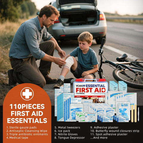 Adult assisting child with first aid kit by roadside; 110-piece essential set with gauze, antiseptic wipes, and adhesive plasters.