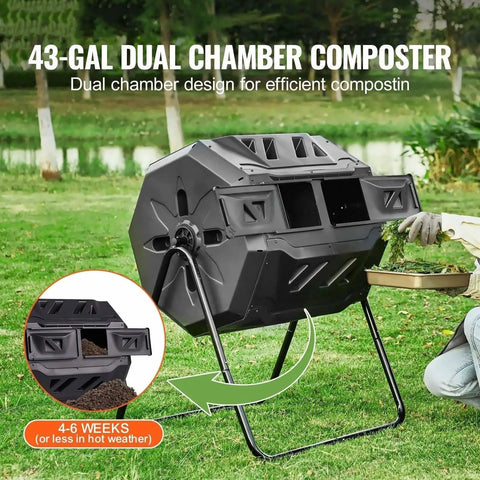 Beefy Dual Chamber 43 Gallon Compost Tumbler With Rotating Design And Two Doors shown in outdoor garden setting