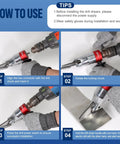 VlOXO metal shear drill attachment shown in a four-panel install guide for cutting sheet metal with a power drill