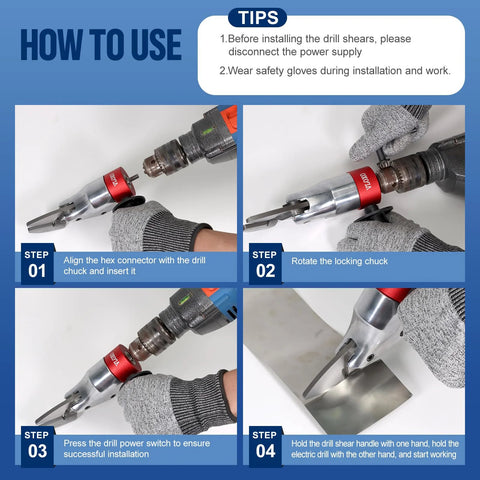 VlOXO metal shear drill attachment shown in a four-panel install guide for cutting sheet metal with a power drill