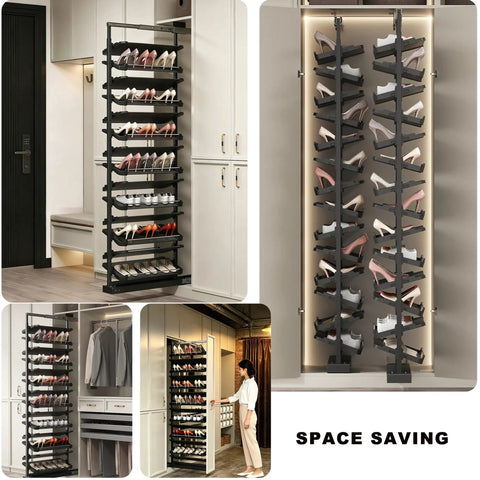 Smooth Glide Vertical Pull Out Shoe Rack For Closet And Cabinet, Sliding Under Stair Kick Locker, Height Adjustable 15 Tier System.