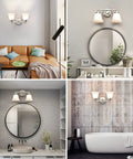 Two Light Chrome Vanity Wall Sconce Lighting With Frosted Glass Shade in modern living room, bathroom, and hallway settings.