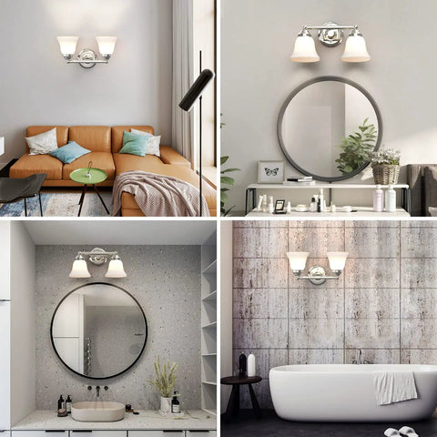 Two Light Chrome Vanity Wall Sconce Lighting With Frosted Glass Shade in modern living room, bathroom, and hallway settings.