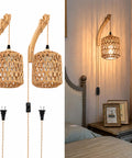 EHFMGYB Rattan Wall Sconces Set of Two Plug in, Boho Wall Lamp with hanging paper rope shade and wood holder.