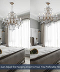 Rustic Black Iron Pendant Chandelier With Crystal Accents hanging in a bedroom, adjustable chain shown at different lengths, vintage style lighting