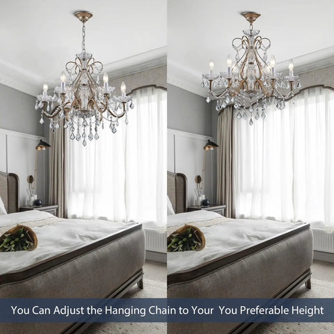 Rustic Black Iron Pendant Chandelier With Crystal Accents hanging in a bedroom, adjustable chain shown at different lengths, vintage style lighting