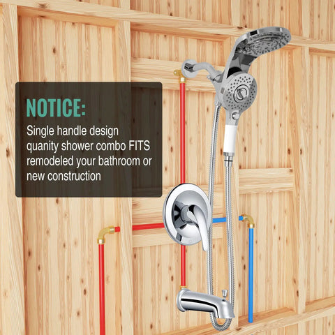8 Spray Bathtub And Shower Faucet Combo With Dual Shower Heads And Slick Magnetic Handheld 2 In 1 Tub And Shower Trim Kit Chrome Finish Valve Included Easy Upgrade For Modern Bathrooms installed on a wooden panel.