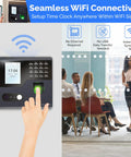 No Sweat Time Clock Terminal For Small Business Crews With Dead Simple WiFi Access Zero Monthly Charges Bulletproof Punch Tracking And Auto Reports That Keep Daily Grind Slick showing WiFi connection, fingerprint sensor, and employee check-in.