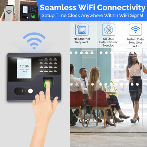 No Sweat Time Clock Terminal For Small Business Crews With Dead Simple WiFi Access Zero Monthly Charges Bulletproof Punch Tracking And Auto Reports That Keep Daily Grind Slick showing WiFi connection, fingerprint sensor, and employee check-in.