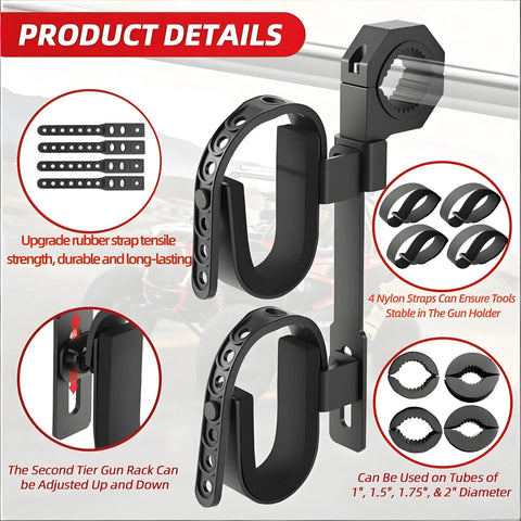 Double Tier Roll Bar Gun Rack For Trucks, ATVs, UTVs And Snowmobiles With Heavy Duty Tool And Shovel Mount Fits 1 To 2 Inch Roll Bars