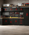Game Changing Garage Cabinet Organization 17 Piece Workshop Storage Setup Corner Unit with rolling tool drawers and pegboard in black and red.