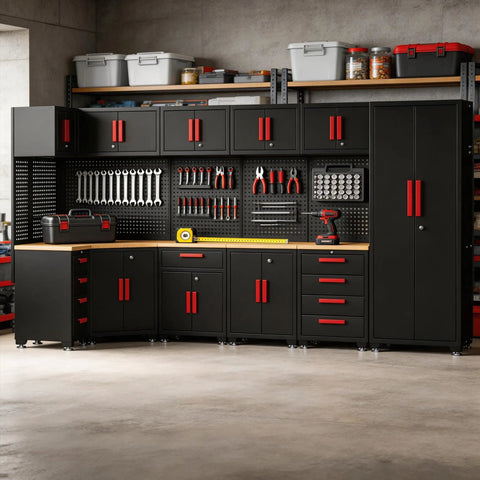 Game Changing Garage Cabinet Organization 17 Piece Workshop Storage Setup Corner Unit with rolling tool drawers and pegboard in black and red.
