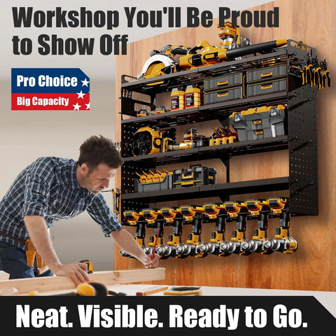 Heavy Duty Large Power Tool Organizer Wall Mount For Garage And Workshop Built Tough Black Metal Tool Rack With Easy Mount System