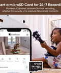 2K Indoor Outdoor WiFi Security Camera With Color Night Vision Edge AI Integrated Spotlight And Siren 2 Way Audio Works With Alexa And Google Assistant White installed near kids' room, showing app interface with video feed.