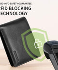 Leather Wallet For Men, Genuine Leather Bifold RFID Blocking Wallet With 2 ID Windows, Black, shown with RFID protection icon.