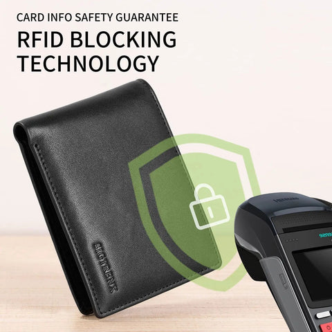 Leather Wallet For Men, Genuine Leather Bifold RFID Blocking Wallet With 2 ID Windows, Black, shown with RFID protection icon.