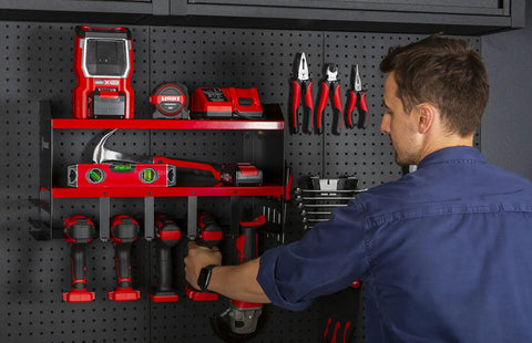 Heavy Duty Power Tool Organizer Wall Mount With Metal Drill Holder And Cordless Tool Chest Rack For A Pro Garage Setup Premium Shelving Pegboard Shed Storage Red in use