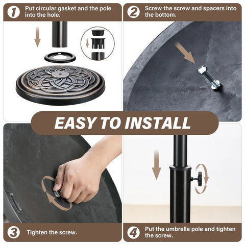Installation steps for Heavy Duty Round Umbrella Base With 24.2 Pound Weight And 17.72 Inch Diameter Resin Outdoor Stand.