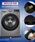 Heavy Duty Washing Machine Drain Pan With One Inch Drain Adapter Included For Leak Proof Floor Protection In Rust Resistant Plastic 30 Inch By 32.5 Inch By 1.75 Inch One Pack, shown under a modern washer with adapter close-ups