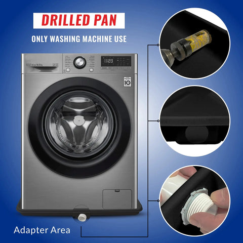 Heavy Duty Washing Machine Drain Pan With One Inch Drain Adapter Included For Leak Proof Floor Protection In Rust Resistant Plastic 30 Inch By 32.5 Inch By 1.75 Inch One Pack, shown under a modern washer with adapter close-ups