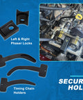 3.6L Pentastar Timing Tool Kit with Camshaft Holders and Crankshaft Pulley Wrench on engine with phaser locks shown